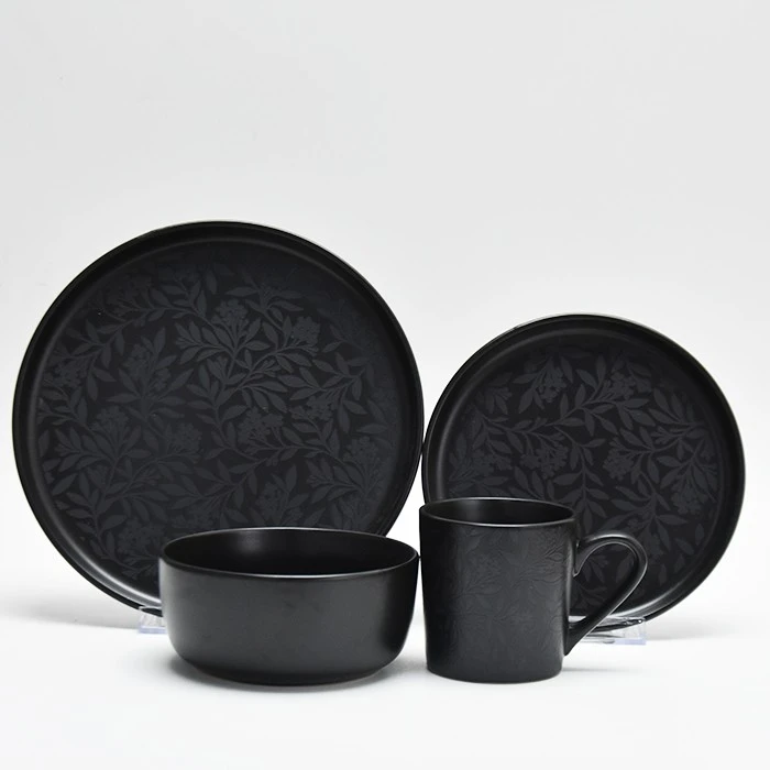 Black Flower Embossed Dinnerware Set